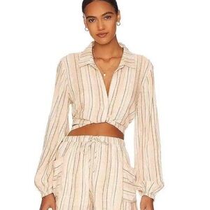 L*Space Beige Striped Tie-Front Blouse